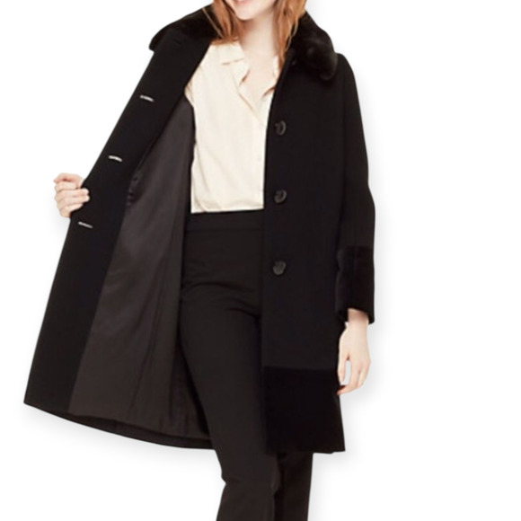 Kate Spade Faux Fur Removeable Collar Wool Velvet Trim Jacket Coat Black - Picture 2 of 9